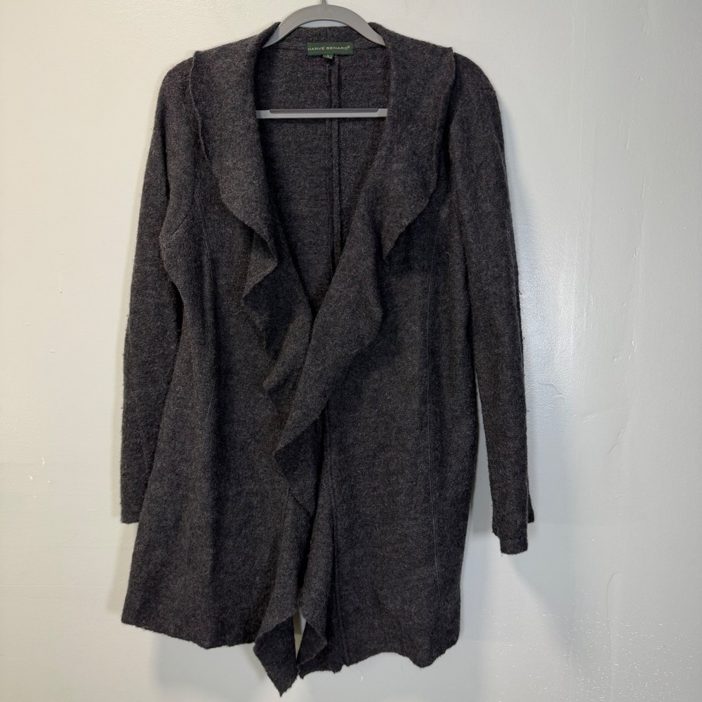 Harve Benard Womens Large Gray 100% Wool Ruffle Open Front Cardigan Sweater